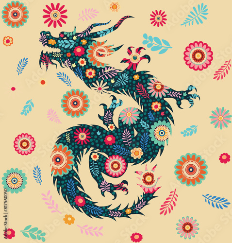 Dragon and flowers pattern. Decorative flowers and dragon silhouette  retro floral pattern design.