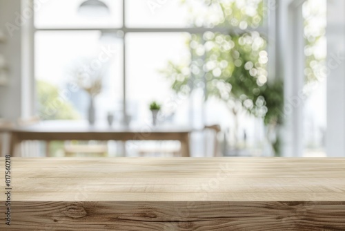 Empty wooden countertop, against blurred big bright cleah window. AI generative photo