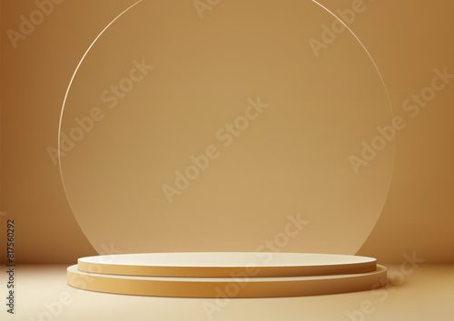 3D beige podium stand with circle glass backdrop is perfect for modern interior concept product display mockups. The stand is set on a floor and light brown background