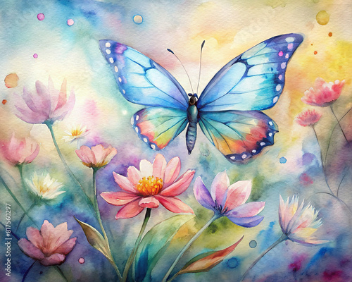 A whimsical butterfly fluttering among flowers, depicted in colorful watercolors  © Woonsen