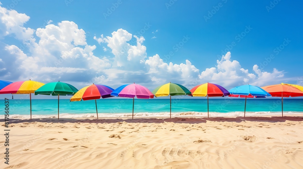 Vibrant beach umbrellas complement the sandy beach in bright sunlight. Vibrant beach umbrellas complement the sandy beach in bright sunlight.