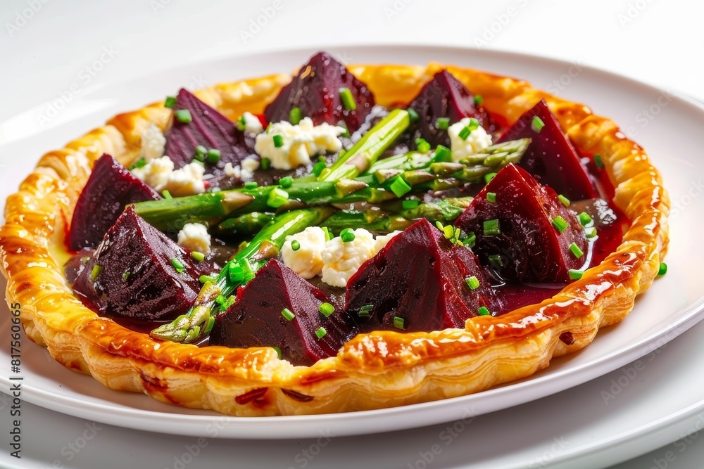 Fresh Asparagus and Beet Tart on White Plate Fresh Asparagus and Beet Tart on White Plate