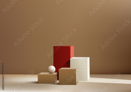 3D stack of boxes podium with a white ball on top against a brown wall background