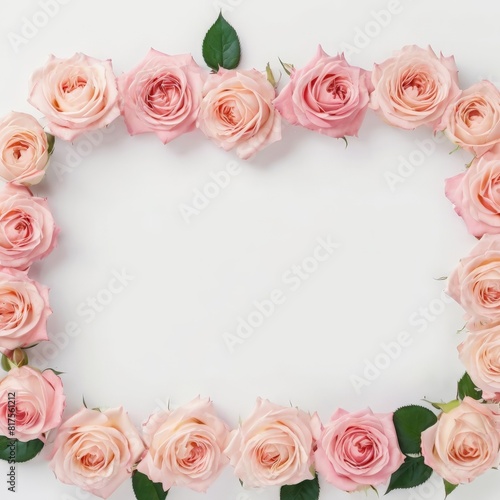 Flowers composition. Frame made of pink roses on white background. Flat lay  top view  copy space. AI generated