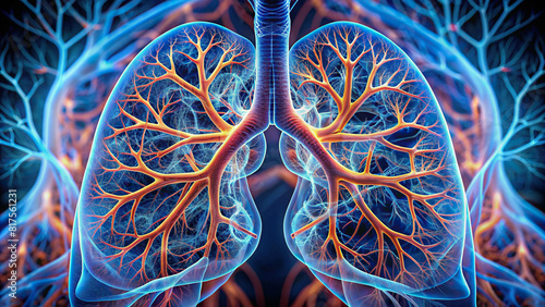 Macro image of a pair of lungs, showcasing the intricate network of bronchioles and alveoli, illustrating the respiratory system's efficiency. photo