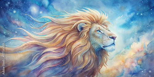 A majestic lion with a flowing mane  illustrated in a dreamy watercolor scene 