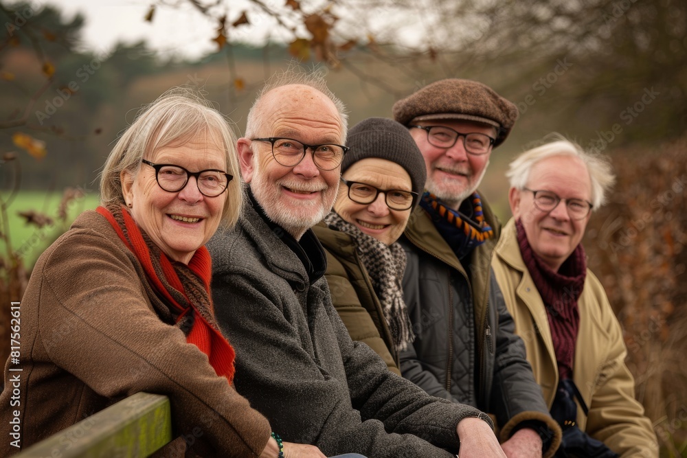 Group of seniors sitting on a bench in the countryside, looking at camera Group of seniors sitting on a bench in the countryside, looking at camera