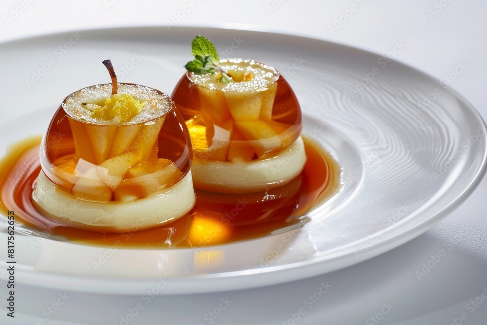 Appleandy Bliss: Apple Cider Jelly with Custard-Filled Apples and Mint Garnish Appleandy Bliss: Apple Cider Jelly with Custard-Filled Apples and Mint Garnish