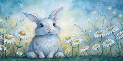 A fluffy bunny sitting in a field of daisies  painted in soft watercolor pastels.