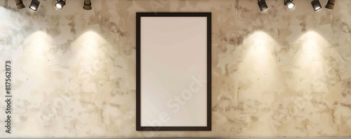 Trendy pet store with one large blank poster in a stylish black frame, illuminated by spotlights on a soft beige wall, for pet product launches or adoption days. photo