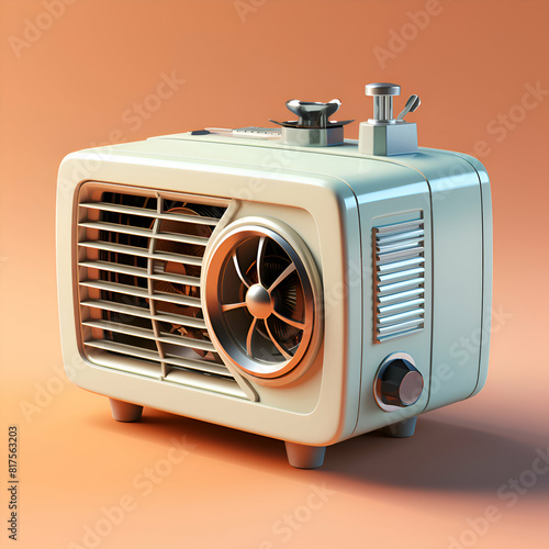 3d rendering of a vintage radio with a fan on an orange background