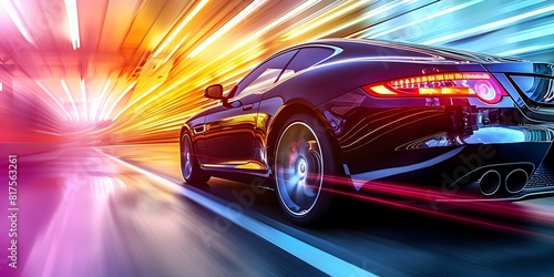 Black business car speeding with blurred background rear view dynamic motion. Concept Automotive Photography, Business Travel, Speeding Car, Dynamic Motion, Rear View Shot © Ян Заболотний