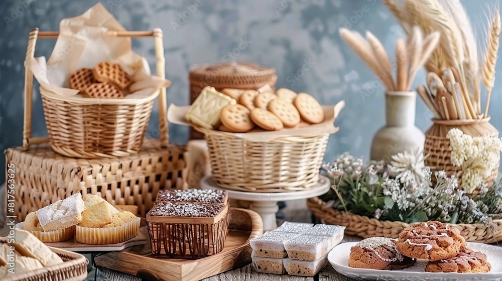 beautiful hampers with kaastengels, lidah kucing, semprit keju, cookies. AI Generative beautiful hampers with kaastengels, lidah kucing, semprit keju, cookies. AI Generative
