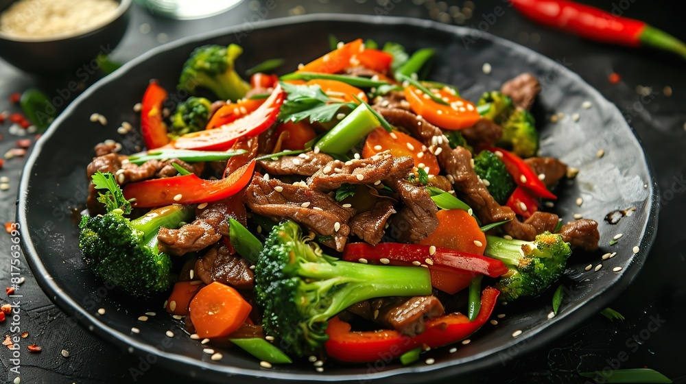 Beef and vegetables stir fry in black plate. AI Generative Beef and vegetables stir fry in black plate. AI Generative