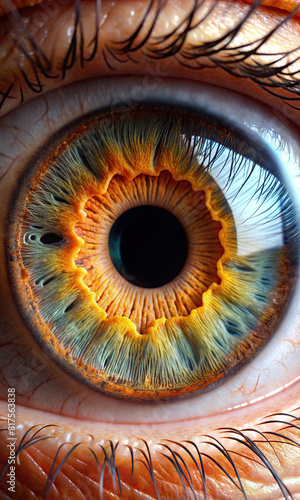 Detailed view of the eyes  including iris  pupil  cornea  retina  and optic nerve.