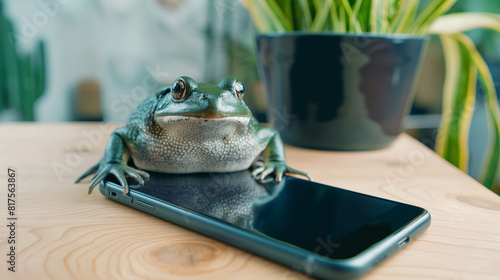 Green frog sitting on a smartphone placed on a wooden surface, with a potted plant in the background.