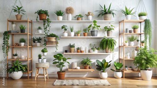 white home interior with houseplants on wooden shelf