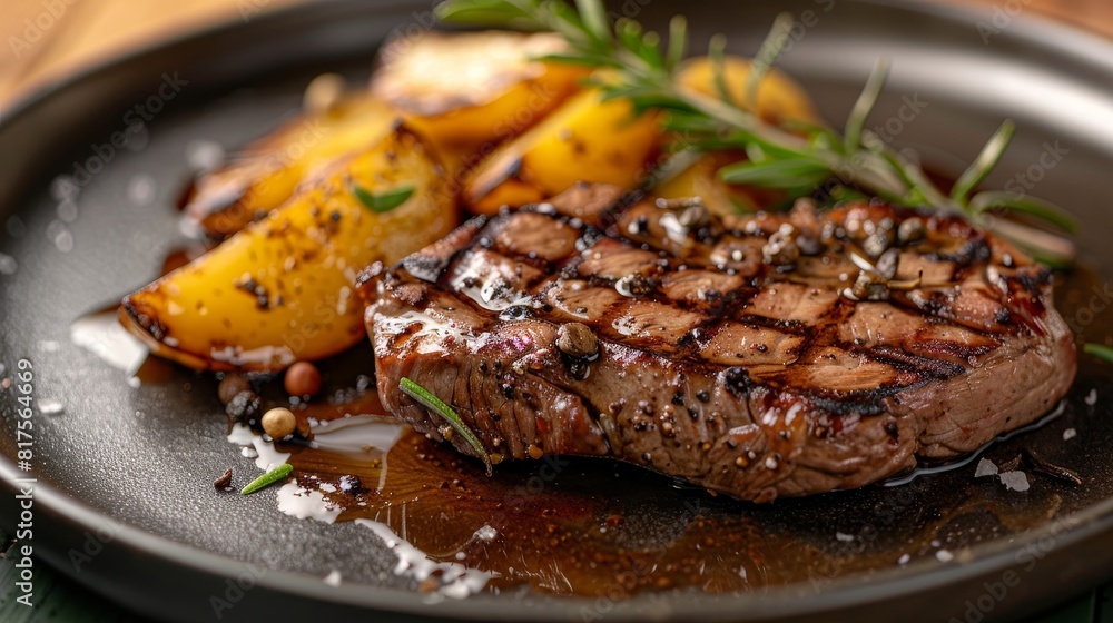 Luxurious veal steak close-up, presented on an elegantly decorated plate, highlighting culinary excellence, perfect for ads, isolated setup Luxurious veal steak close-up, presented on an elegantly decorated plate, highlighting culinary excellence, perfect for ads, isolated setup