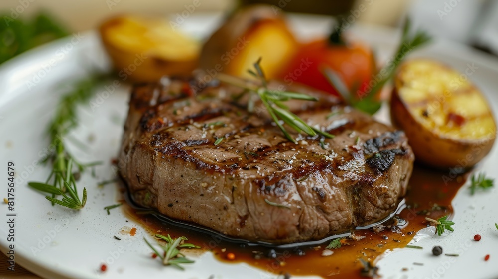 Luxurious veal steak close-up, presented on an elegantly decorated plate, highlighting culinary excellence, perfect for ads, isolated setup Luxurious veal steak close-up, presented on an elegantly decorated plate, highlighting culinary excellence, perfect for ads, isolated setup