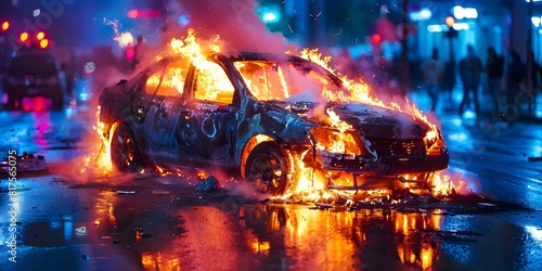 Media captures nighttime car fire during Georgia protests against new law. Concept Protests, Nighttime, Car Fire, Georgia, Media Coverage