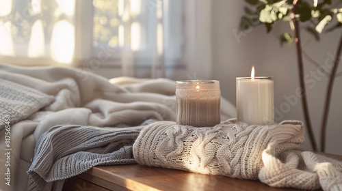 A cozy knit sleep sweater in soft gray, displayed on a wooden dresser beside a scented candle and a stack of fluffy pillows, creating a serene atmosphere for winding down before