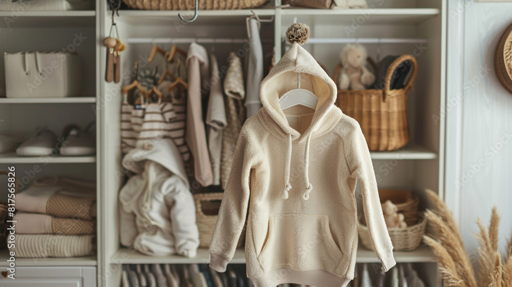 A cozy maternity hoodie in soft fleece fabric, hanging on a coat hook in a nursery closet beside a collection of baby clothes and accessories, offering warmth and comfort