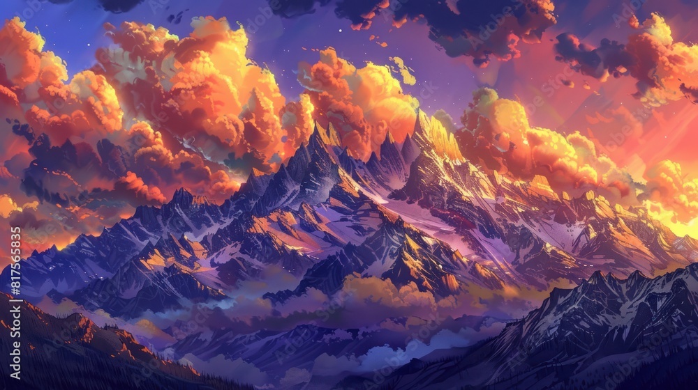 Fototapeta premium mountain range bathed in the warm hues of a fiery sunset, with snow-capped peaks glowing 