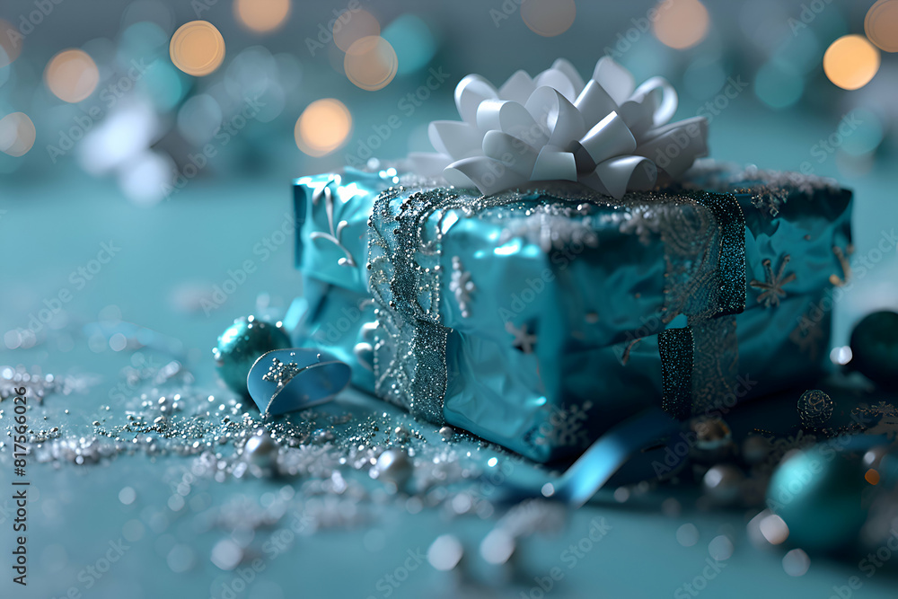 Blue gift box with white bow on blue bokeh background. Blue gift box with white bow on blue bokeh background.