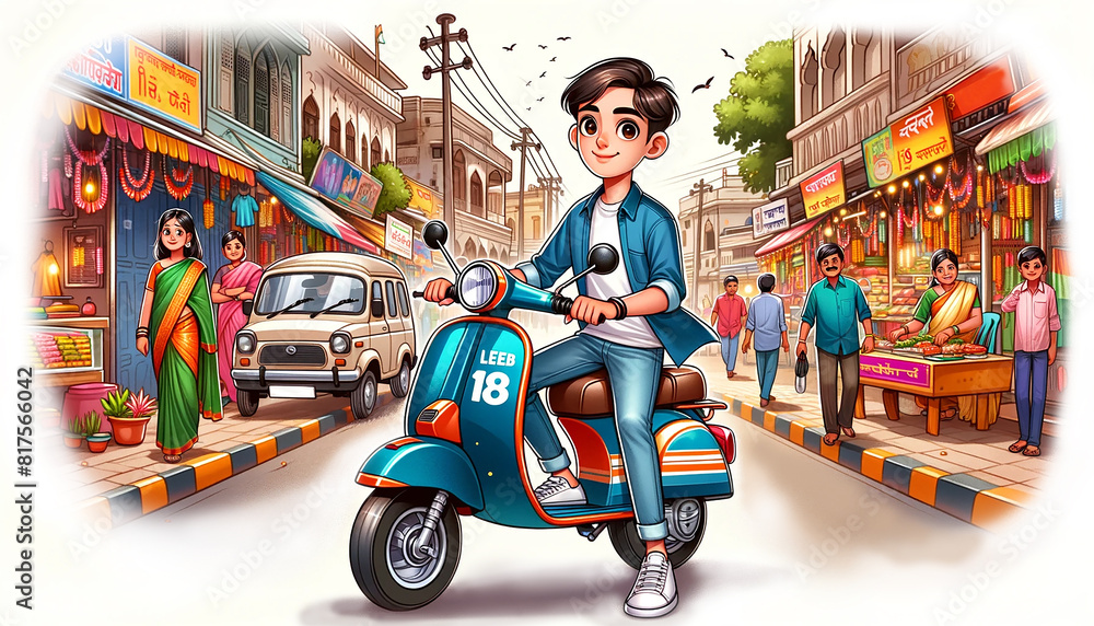 Fototapeta premium Indian boy is waiting on the scooter.