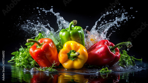 Colorful peppers and greens splashed with water on a black backdrop