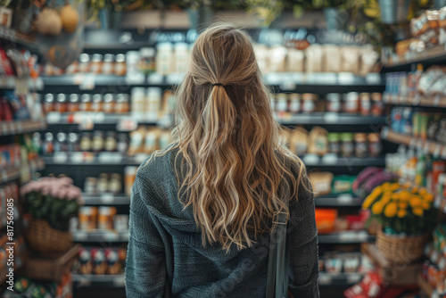 A woman with long blonde hair standing in front of grocery store. Created with Ai