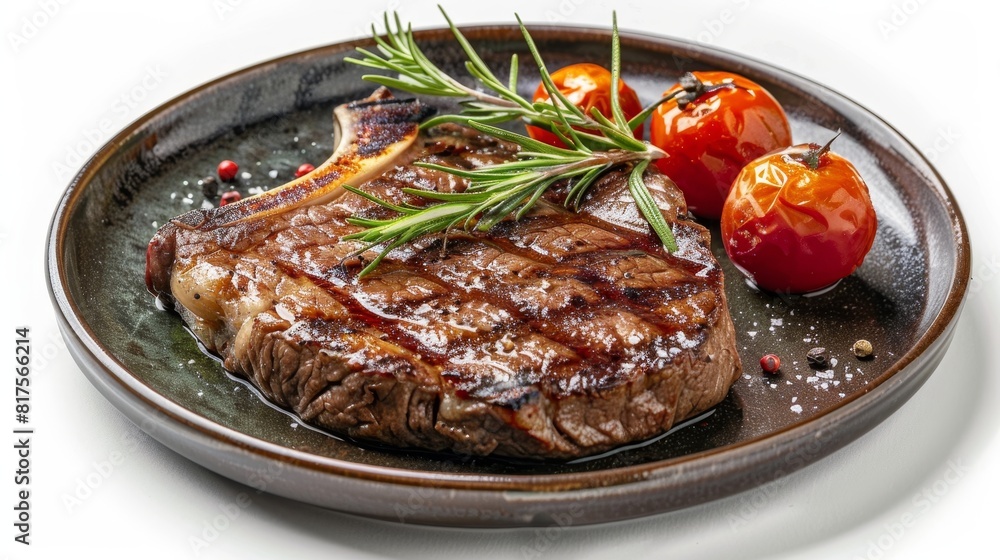 High-detail view of a gourmet goat steak, elegantly decorated on a plate, perfect for premium steak advertising, isolated setting High-detail view of a gourmet goat steak, elegantly decorated on a plate, perfect for premium steak advertising, isolated setting