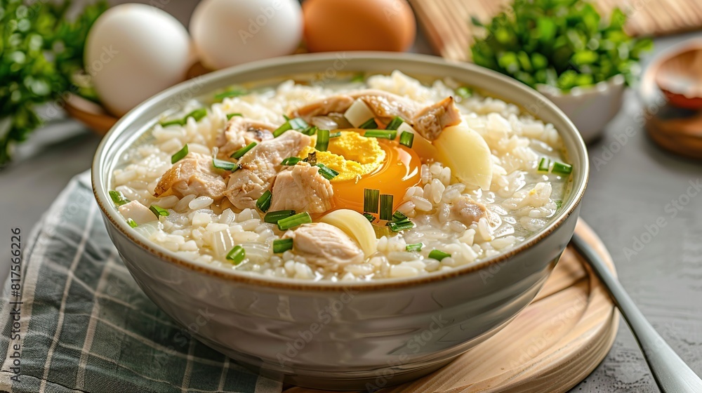 Arroz Caldo rice soup with chicken, garlic, onion and egg in a bowl. AI Generative Arroz Caldo rice soup with chicken, garlic, onion and egg in a bowl. AI Generative