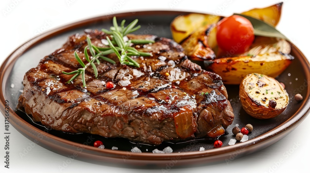 High-detail view of a cattle steak, presented on a decorated steak plate, emphasizing premium quality and ideal for advertising, isolated background High-detail view of a cattle steak, presented on a decorated steak plate, emphasizing premium quality and ideal for advertising, isolated background