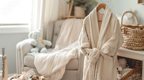 A cozy maternity robe in soft cotton fabric, draped over the back of a nursery glider chair beside a plush nursing pillow and a basket of baby toys, offering comfort and convenience