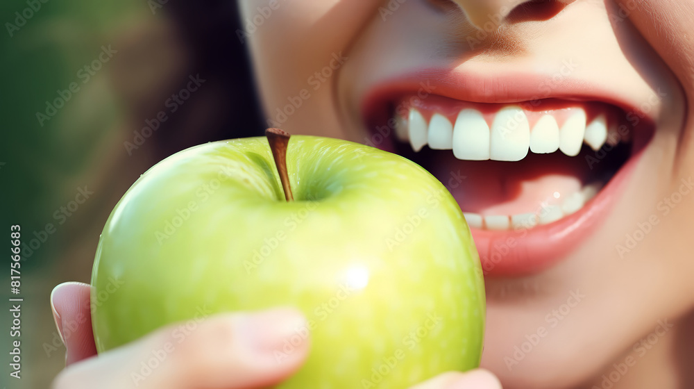 Close up woman eating green apple Close up woman eating green apple