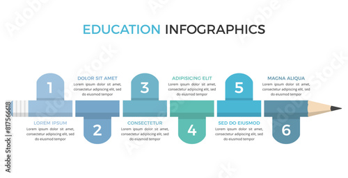 Education infographic template with pencil divided on six parts with place for numbers and text, vector eps10 illustration