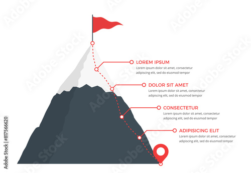Mountain with red flag and route to the top with four steps, vector eps10 illustration