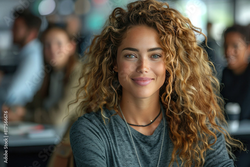 Cinematic shot of extremely beautiful curly hair woman with grey shirt smiling at camera in front of busy office. Created with Ai