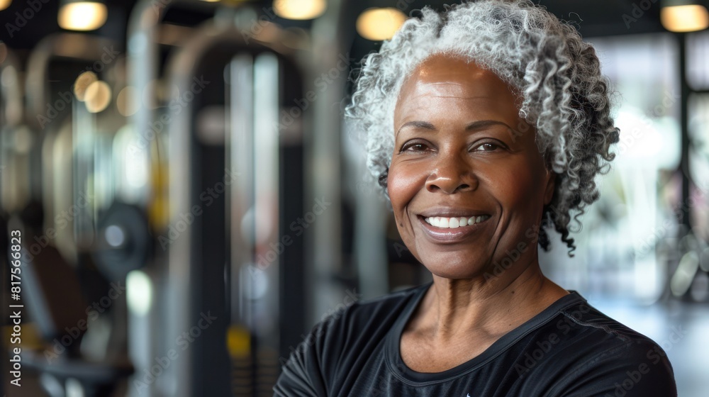 senior woman, her face beaming with pride and accomplishment, after completing a workout at a gym. senior woman, her face beaming with pride and accomplishment, after completing a workout at a gym.
