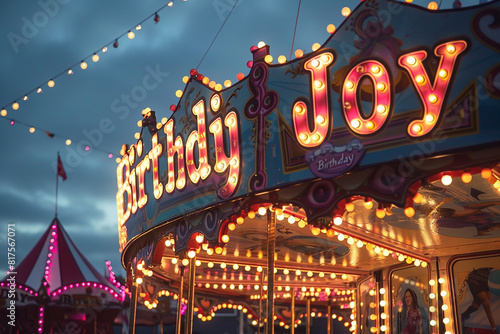 A whimsical carousel of letters spelling "Birthday Joy," adorned with bright lights and spinning gracefully against a twilight sky.
