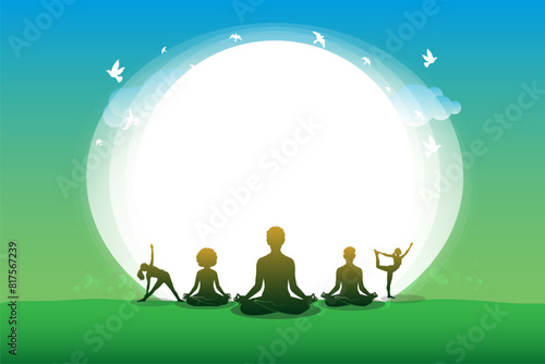 Vector Creative Greeting for Yoga Day. People practicing yoga background and body stretch exercises on International Yoga Day.