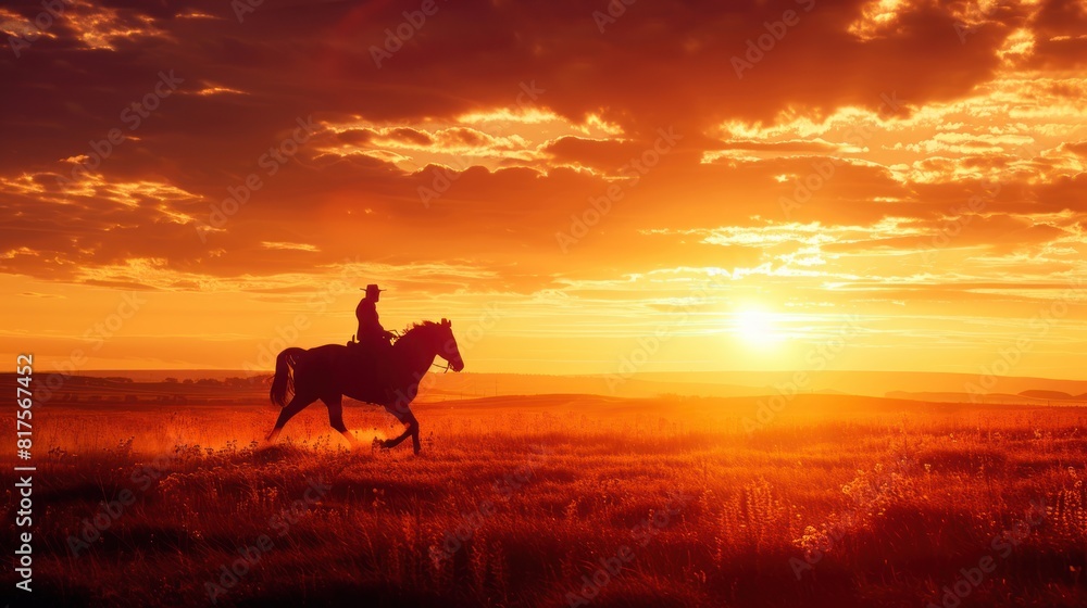 A silhouette of a lone rider galloping across a vast, A silhouette of a lone rider galloping across a vast,