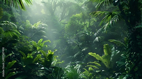 a dense jungle is surrounded by leaves and trees, in a bright light © Wirestock