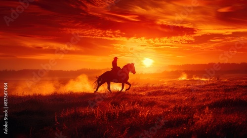 A silhouette of a lone rider galloping across a vast  