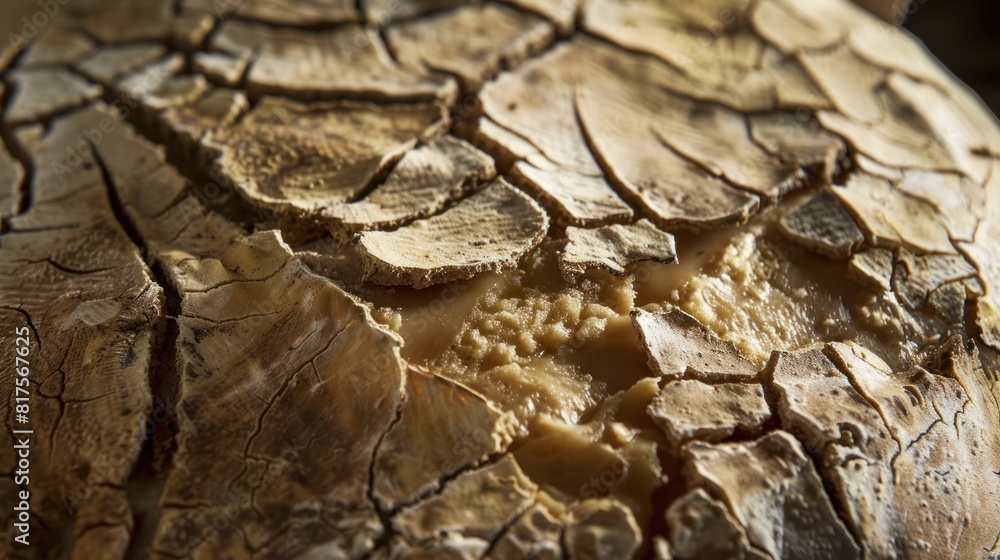 A weathered cheese rind, its once smooth surface now cracked and pitted, 