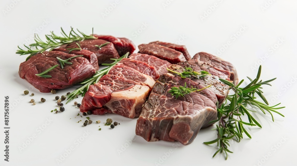 High-detail shot of assorted premium fish steaks, each with its own flavor and cooking properties, showcased on an isolated backdrop High-detail shot of assorted premium fish steaks, each with its own flavor and cooking properties, showcased on an isolated backdrop