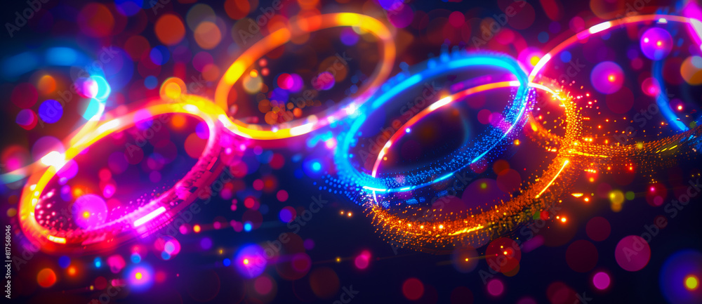 Glowing rings of neon purple, yellow, and pink in vibrant colours for international sports games. Abstract symbol background for a finish for a first place Glowing rings of neon purple, yellow, and pink in vibrant colours for international sports games. Abstract symbol background for a finish for a first place