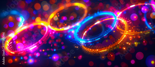 Glowing rings of neon purple, yellow, and pink in vibrant colours for international sports games. Abstract symbol background for a finish for a first place. © Vita