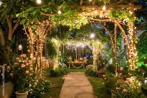 A whimsical garden teeming with lush greenery and blooming flowers, illuminated by twinkling fairy lights for an enchanting outdoor birthday soir?(C)e. © Rafia